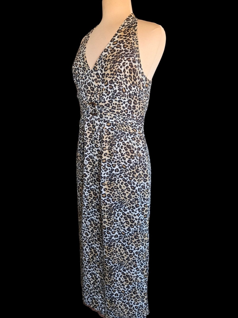 Donna Morgan Silk Leopard Print Halter Midi Dress With Cinch Ring Sz 10 - Picture 4 of 6